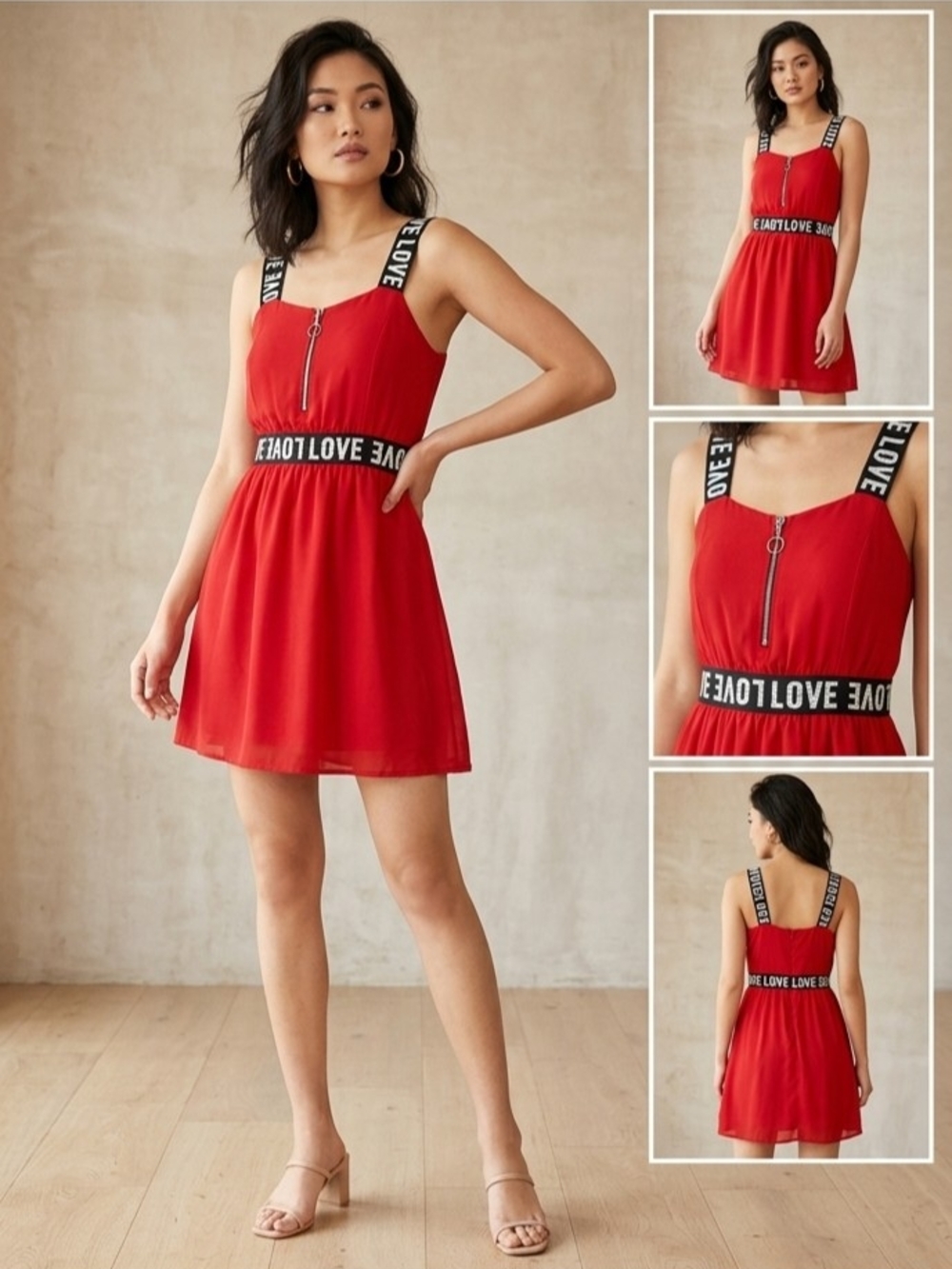 Red Strappy Zip-Front Skater Dress with Logo Waistband